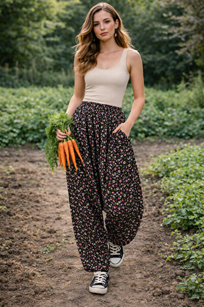 hoaryage Ύφασμα βισκόζης με σχέδιο λουλουδιών, παντελόνι σαλβάρι με τσέπες, 1...