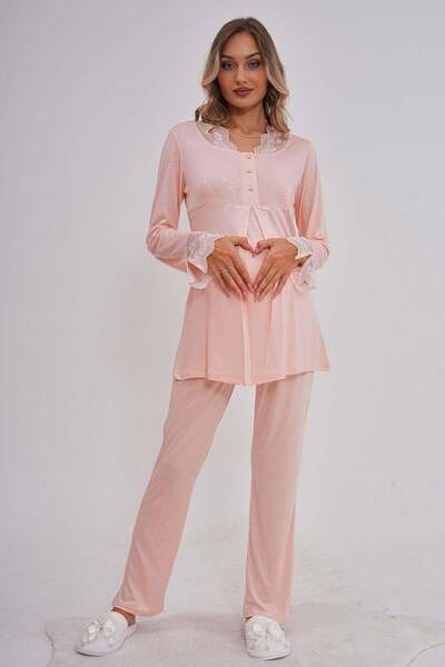 Lohusa Homewear طقم بيجامة نسائي بأكمام طويلة وتفاصيل دانتيل أنيقة وأزرار بتص...