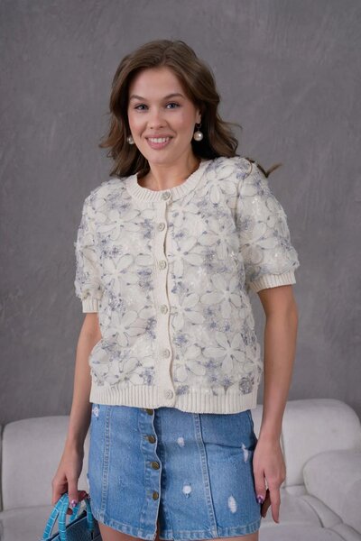 Park Karon 8514 Women's 100% Cotton Crew Neck Buttoned Lace Detailed Knitwear...