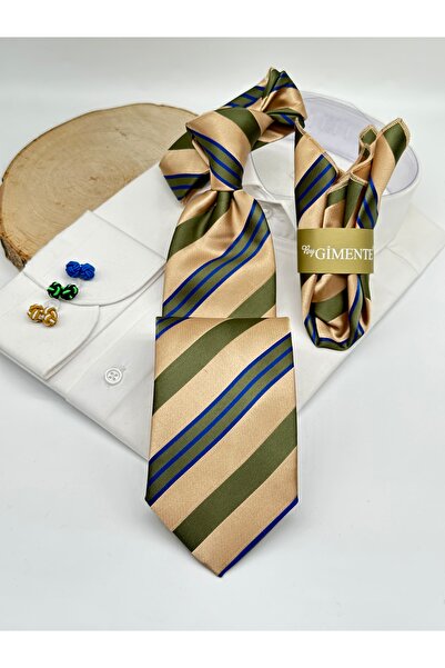 Gutiero Beige Khaki Striped Classic Tie with Handkerchief