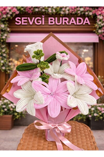 Sevgi burada Mağazası -El Yapımı Şönil Çiçek Buketi – Pembe & Beyaz Lilyum Ta...