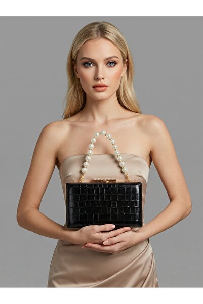 Biçanta Μαύρο Χρώμα Ματ Σχέδιο Κροκόδειλου με Λουράκι Αλυσίδας Γυναικεία Βραδ...