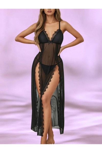 MİMİ PİJAMA ΓΥΝΑΙΚΕΙΟ ΜΑΥΡΟ ΔΑΝΤΕΛΕΝΙΟ ΝΥΧΤΙΚΟ ΜΕ ΜΑΚΡΙΑ ΣΚΙΣΙΜΑΤΑ ΣΙΦΟΝ