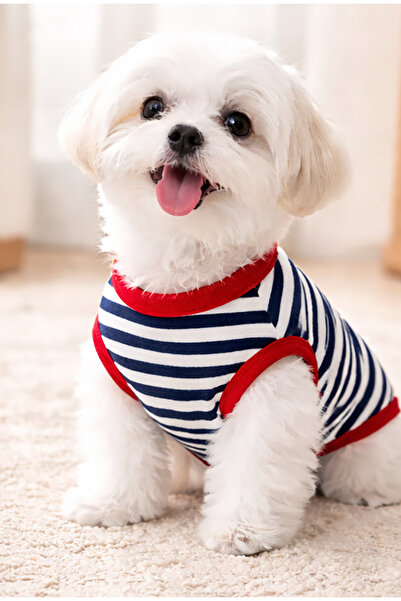 petite pati Navy Blue Striped Cherry Printed Dog T-Shirt Dog Apparel (100% Combed Cotton)