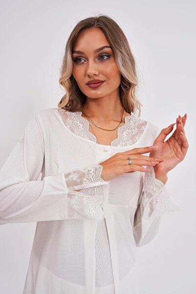 Lohusa Homewear Γυναικείο σετ πιτζάμες εγκυμοσύνης εκρού με μακρυμάνικο κομψό...