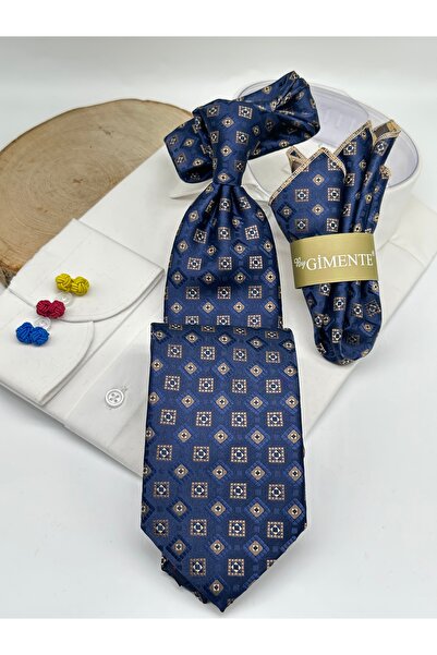 Gutiero Beige Navy Blue Patterned Classic Tie with Handkerchief