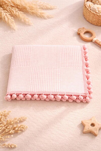 LUMİBABY BUTİK Çift katlı pazen pike ponponlu bebek battaniyesi(80x80cm)