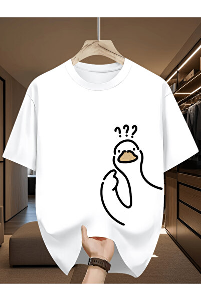 one button Tricou supradimensionat premium cu imprimeu Mr. Curious Duck