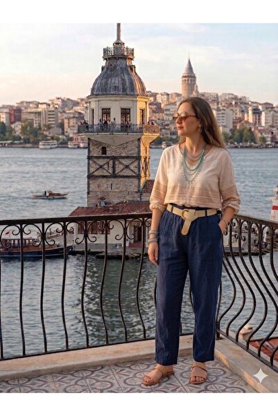 AYASOFYA OTANTIK Γυναικείο ιταλικό παντελόνι σε μπλε ναυτικό χρώμα, με ελαστι...