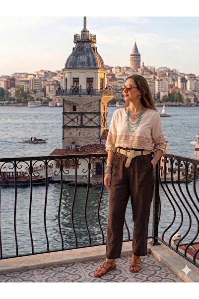 AYASOFYA OTANTIK Γυναικείο ιταλικό καφέ παντελόνι με ελαστική μέση, τσέπη με ...