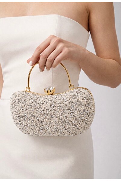 Anıl Ayakkabı Γυναικείο βραδινό φόρεμα Λευκή τσάντα χειρός πολυτελείας με χρυ...