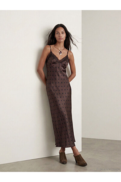 LC Waikiki Nevavm with Difference Lcw Vision Brown V-Neck Polka Dot Satin Dre...