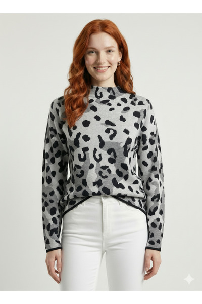 Neden Tekstil Women's Black Gray Leopard Patterned Knitwear Sweater