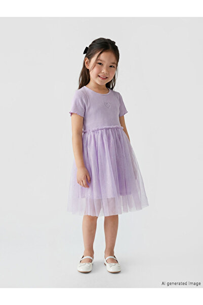 LC Waikiki Nevavm Oval Collar Heart Embroidered Girls' Tutu Dress with a Diff...