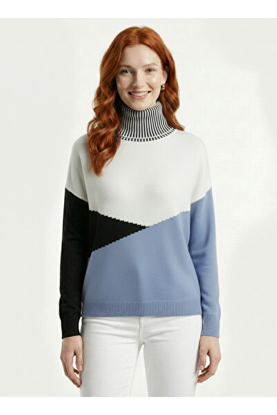 Neden Tekstil Γυναικείο πλεκτό πουλόβερ με ψηλό λαιμό σε μαύρο, λευκό και μπλ...