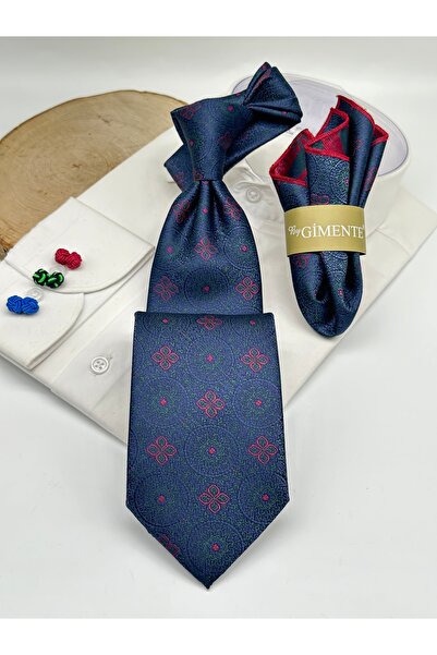 Gutiero Navy Blue Green Patterned Classic Tie with Handkerchief