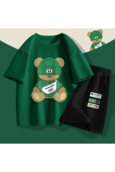 Kids Καλοκαιρινό παιδικό σετ με μπερέ και αρκουδάκι με στάμπα, πράσινο μπλουζ...