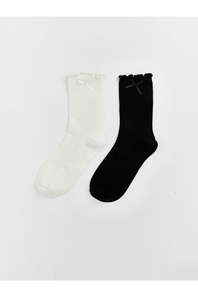 LC Waikiki Rmz Gi̇yi̇m Farkiyla Women's Socks with Bow Detail, 2-Pack