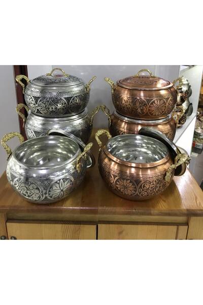 Maraş Bakırcılık El İşçiliği 3'lü Dövme Bakır Güveç Tencere Takımı - (2L + 3L...
