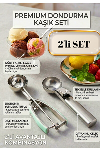 BRE HOME 2'li Premium Paslanmaz Çelik Dondurma Kaşığı Seti| Profesyonel Manda...