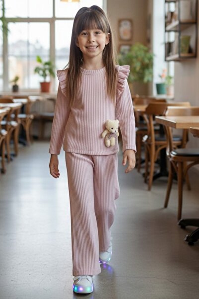 QUB CLUB Момичешки рипсен анцуг комплект от първокласно качество с плюшено мече