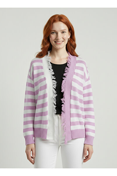 Neden Tekstil Women's Lilac White Striped Knitwear Cardigan