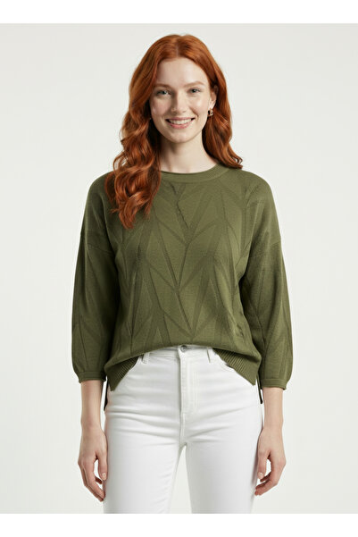 Neden Tekstil Women's Khaki Knit Sweater - Relaxed Fit, 3/4 Sleeves