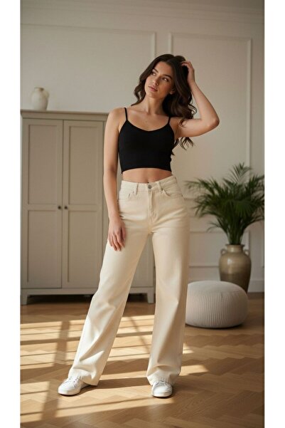 comfort jeans Γυναικείο παντελόνι τζιν σε κρεμ χρώμα Lycra με σούπερ ψηλή μέσ...