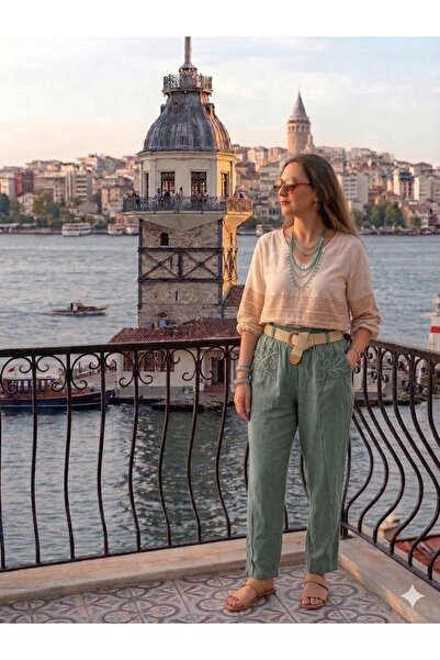 AYASOFYA OTANTIK Γυναικείο ιταλικό χακί παντελόνι με ελαστική ζώνη στη μέση, ...