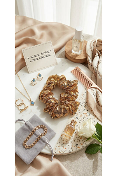Handmade Altın Parıltısı Gold Payetli Scrunchie Toka (1 Adet Gold)