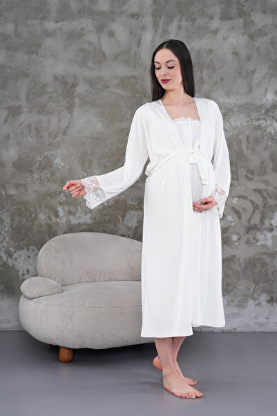 Lohusa Homewear New Season Ecru Maternity Summer Elegant Lace Detailed Button...