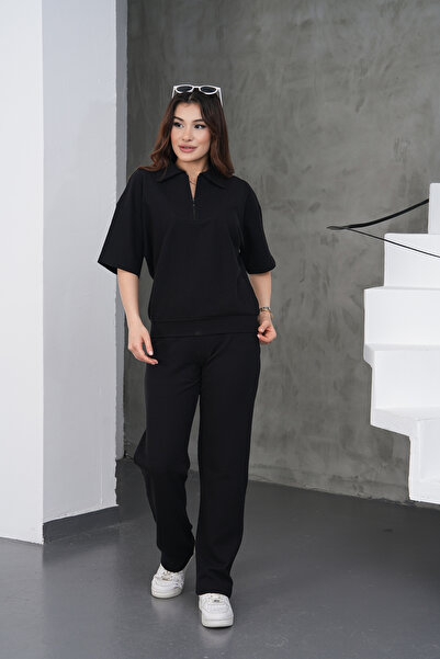 DI LORIA Γυναικείο Μαύρο Σετ Παντελονιών Φούτερ με Άνετη Γραμμή και Φερμουάρ