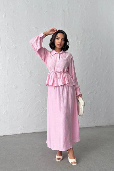 URİS Γυναικείο Σετ Καλοκαιρινό Διπλό: Πουκάμισο με ροζ υφή και κορδόνια, μακρ...