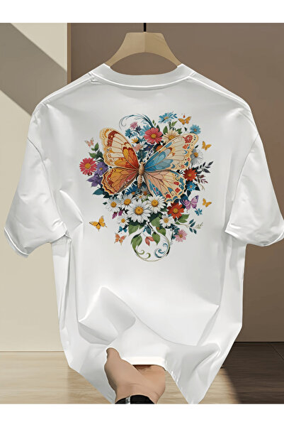 one button Tricou supradimensionat premium cu imprimeu colorat cu flori și fl...