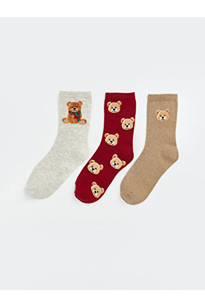LC Waikiki Rmz Gi̇yi̇m Farkiyla Bear Teddy Ba Printed Name Socks 3-Pack