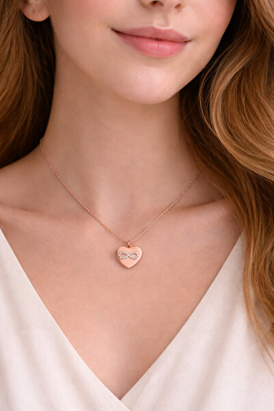 ATALYA ACCESSORY Heart and Infinity Zircon Stone Women's Steel Necklace - Doe...