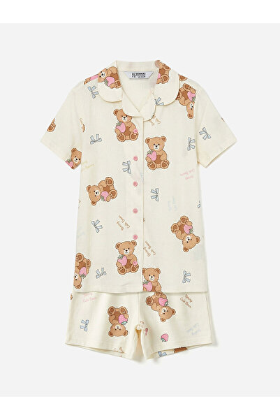 LC Waikiki Vizyon New Season Shirt Collar Printed Girls' Shorts Pajama Set