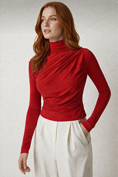 unika boutique Women's Black Drawstring Detailed Stand Collar Sandy Blouse