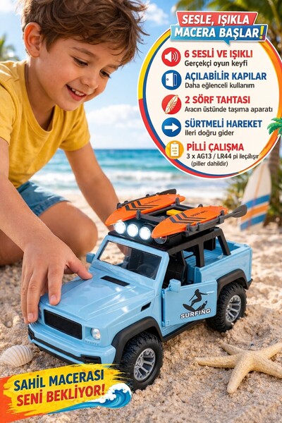 TOYFEST Sesli Işıklı Sörf Arabası Açılır Kapılı Pilli Oyuncak Jeep Pikap 2 Sö...