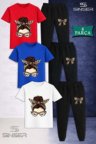 SS SİNSER Παιδικό Σετ Φόρμας Κοριτσιών με Μπλουζάκι και Κορδέλα Λεοπάρ