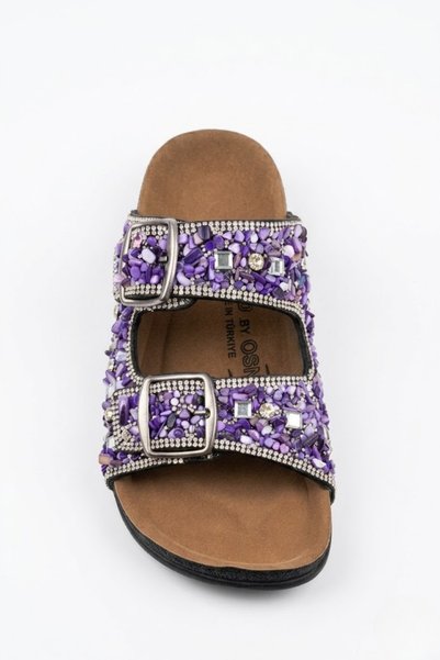 AKD AYAKKABICILIK Women's Stone Detailed Slippers with Double Buckle, Orthopedic Sole, Comfortable for Daily Use