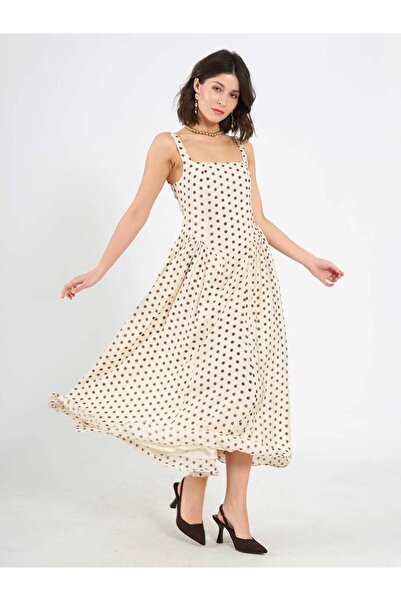 SPICA STORE Beige Thick Strap Square Neck Polka Dot Midi Dress