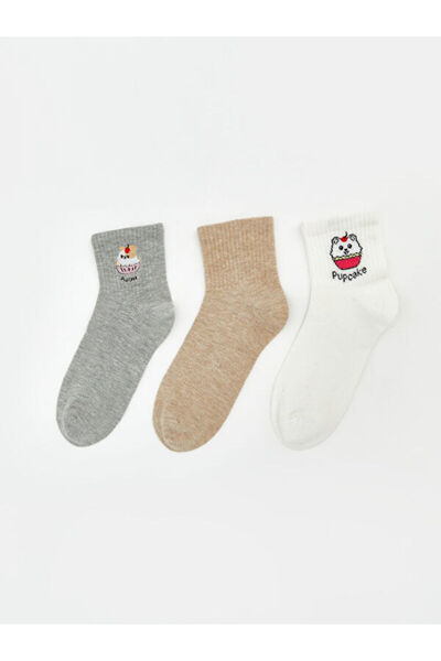 LC Waikiki Rmz Gi̇yi̇m Farkiyla Embroidered Women's Socks 3-Piece Set