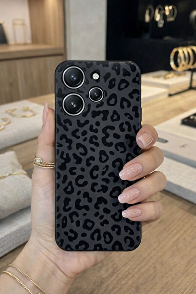 OVADA Redmi 12 Uyumlu Siyah Leopar Desenli Telefon Kılıfı