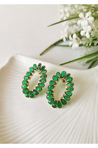 Halley Concept Green Stone Oval Gold Steel Earrings