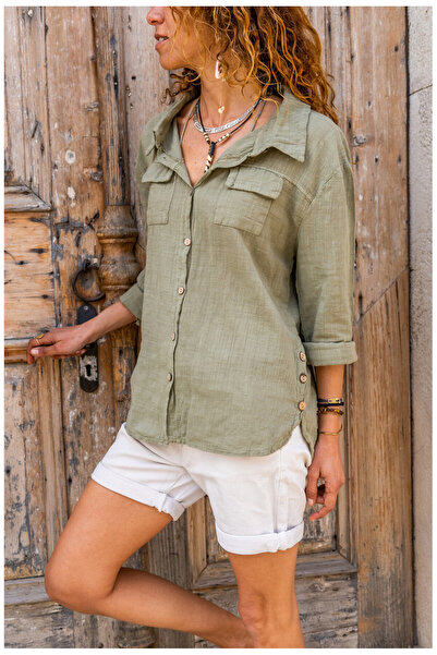 Lavanta Tekstil Πλενόμενο λινό πουκάμισο με κουμπιά στο πλάι και διπλές τσέπε...