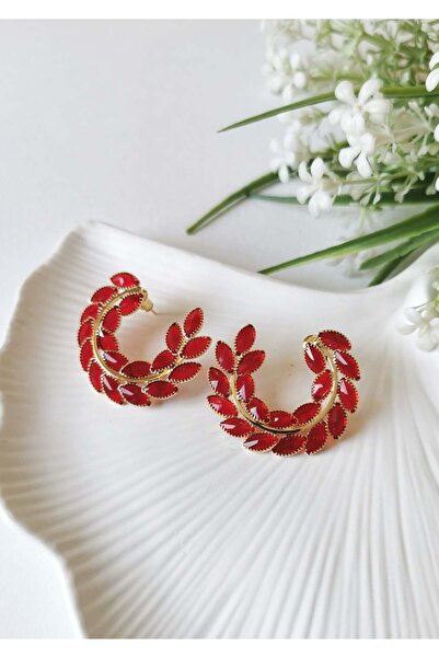 Halley Concept Leaf patterned red stone gold steel hoop earrings