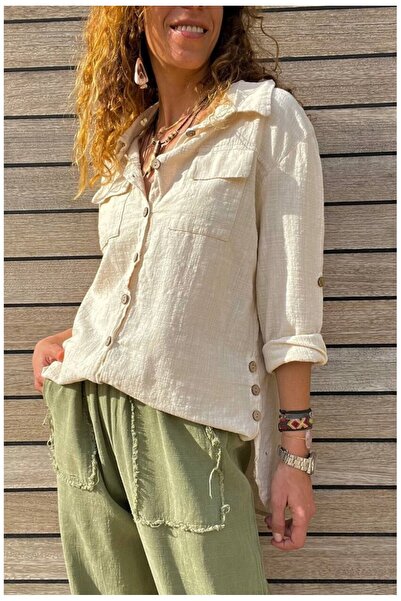 Lavanta Tekstil Πλενόμενο λινό πουκάμισο με κουμπιά στο πλάι και διπλές τσέπε...