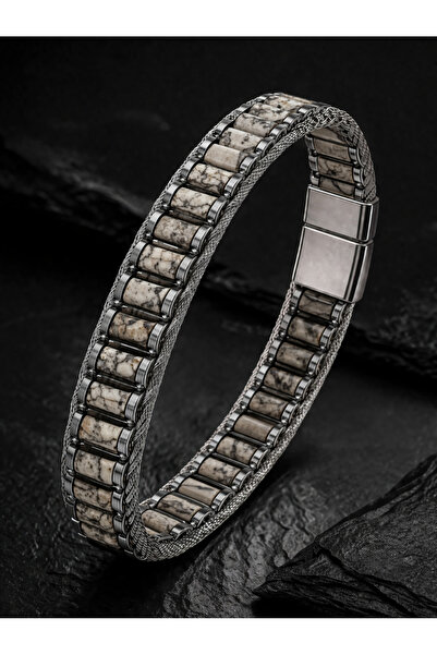 İyyaKee Men's Steel Bracelet with Natural Howlite Stone, Stainless 316 L Prem...