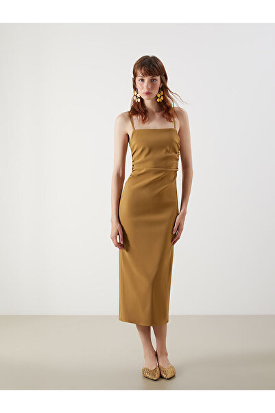 LC Waikiki Lcw Vision Yellow Square Collar Rope Strap Shirred Poplin Dress wi...